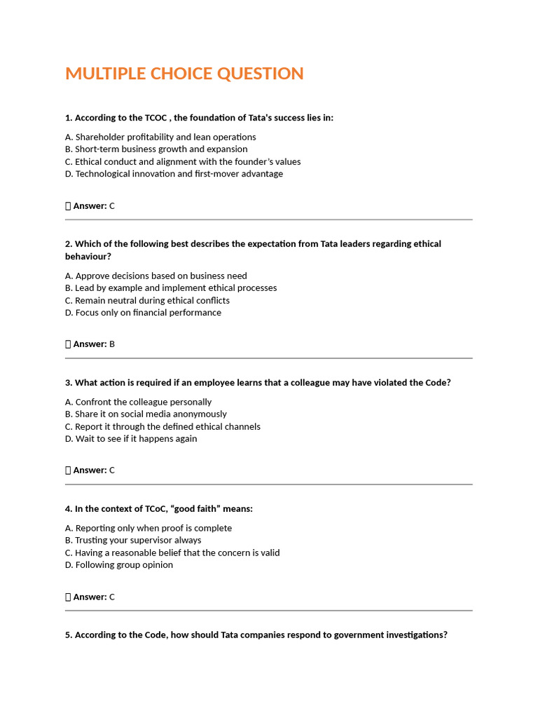 Tata Code of Conduct Quiz Insights | PDF | Employment | Business