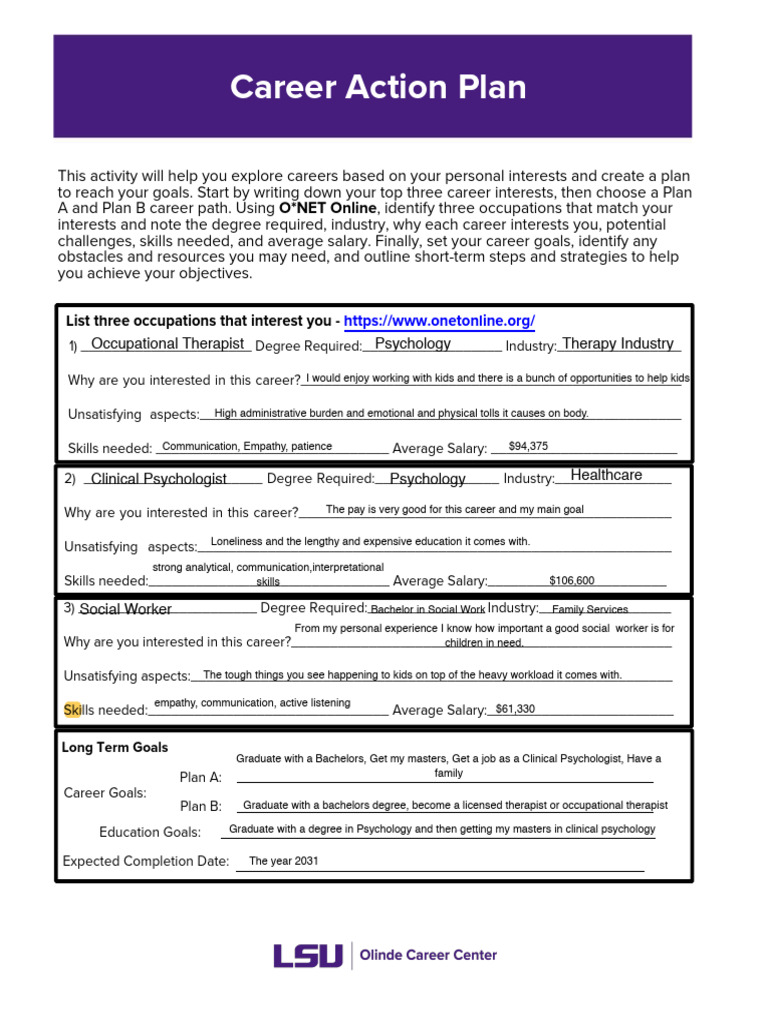 Career Exploration and Action Plan | PDF | Clinical Psychology ...