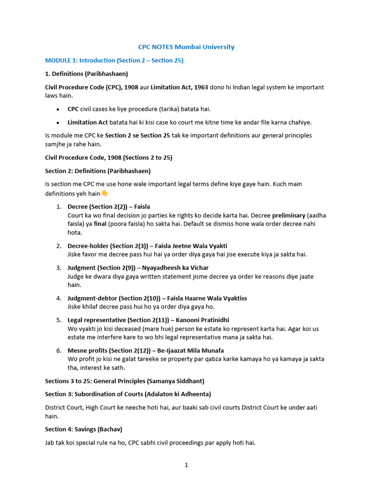 CPC Notes Mumbai Univercity 2025 | PDF | Lawsuit | Res Judicata