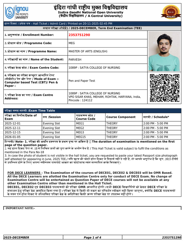 Ignou Admit Card | PDF
