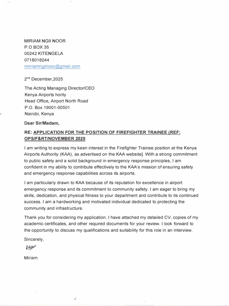 Firefighter Trainee Application - Miriam Ngii Noor | PDF