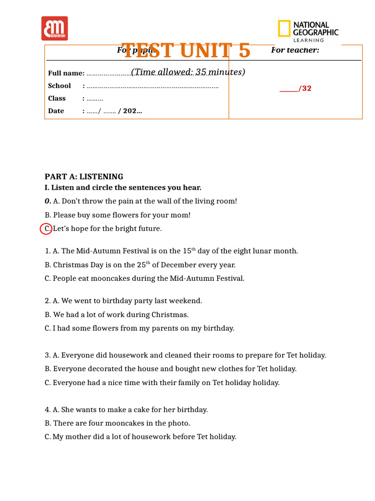 TA 5 - WW - Test Unit 5- 100 | PDF | Holidays | Birthdays
