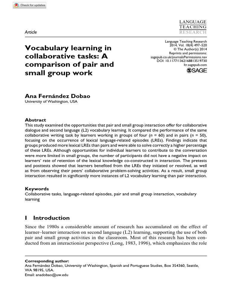Vocabulary Learning in Group Tasks | PDF | Second Language | Vocabulary