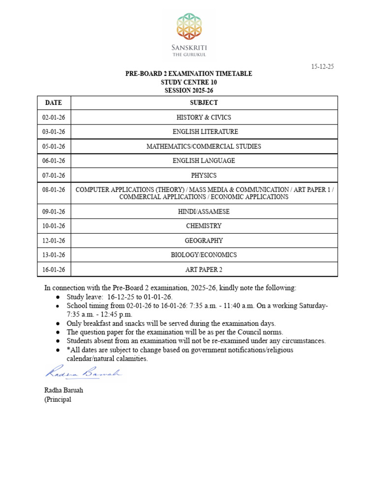 Pre-Board 2 Exam Timetable 2025-26 | PDF
