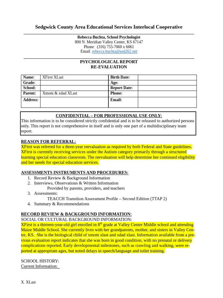 Report Template (Female) TTAP | PDF | Special Education | Teachers