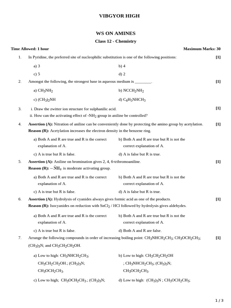 Class 12 Chemistry: Amines Worksheet | PDF | Amine | Organic Chemistry