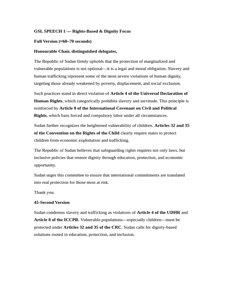 GSL SPEECH 1 | PDF | Human Rights | Convention On The Rights Of The Child