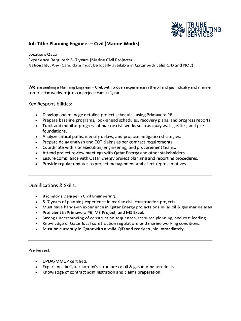 2) Job Description for Planning Engineer_Triune_Final | PDF