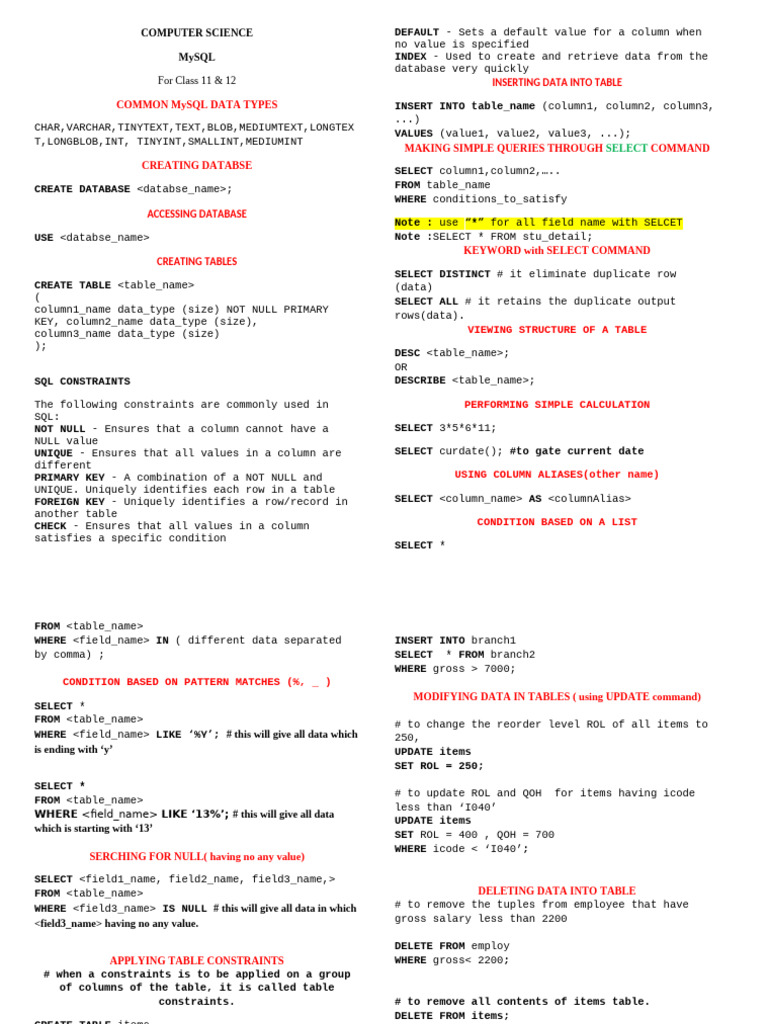 MySQL Basics for Class 11 & 12 Students | PDF