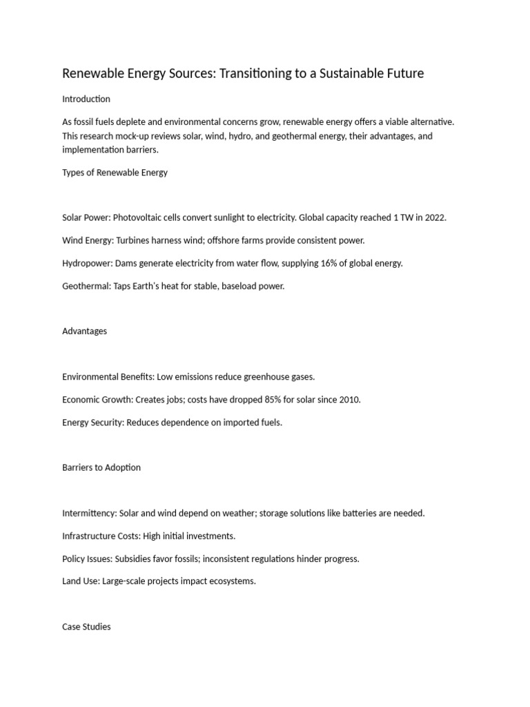 Renewable Energy Sources Transitioning to a Sustainable Future | PDF