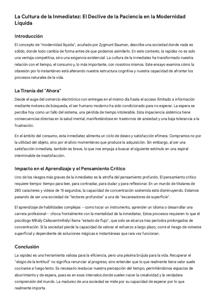 La Inmediatez y su Impacto en la Sociedad | PDF | Aprendizaje | Consumo ...