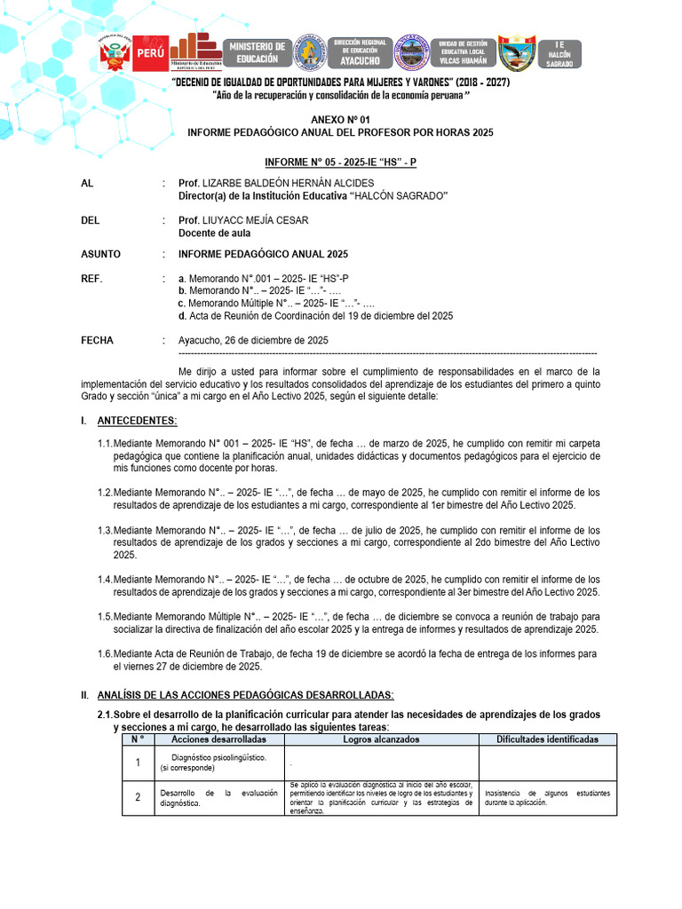 Informe Pedagógico Anual 2025 | PDF | Plan de estudios | Aprendizaje