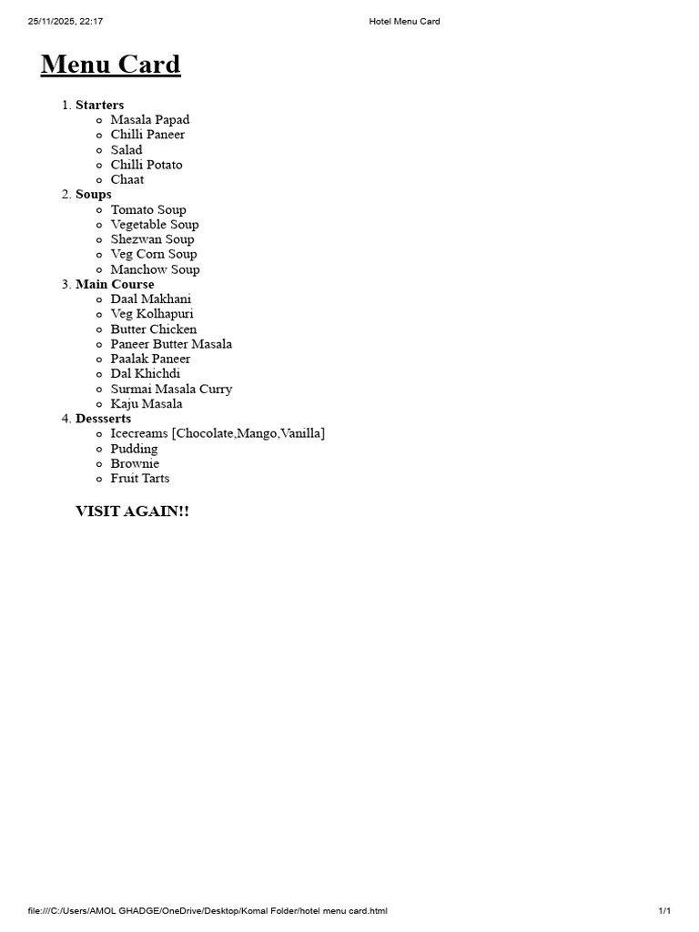 Hotel Menu Card Output | PDF