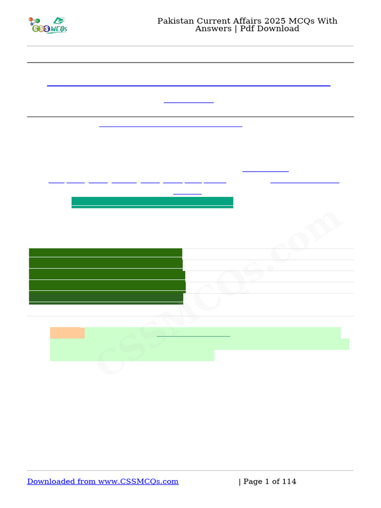 Pakistan Current Affairs 2025 MCQs With Answers PDF Download | PDF ...