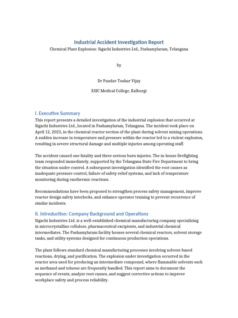 Sigachi Industries Explosion Investigation Report | PDF | Firefighting ...
