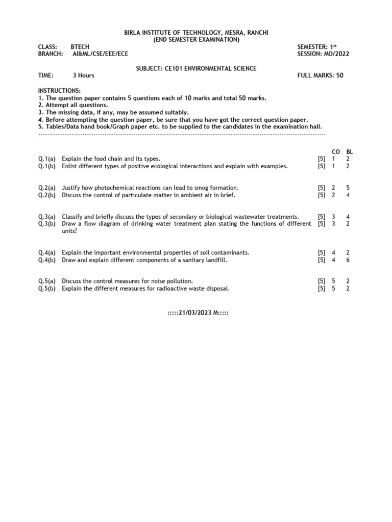 BTech Environmental Science Exam Paper | PDF | Determinants Of Health ...