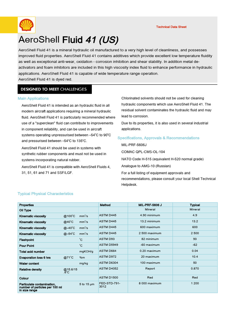 Aeroshell Fluid 41 (Us) : Main Applications | PDF | Viscosity | Materials