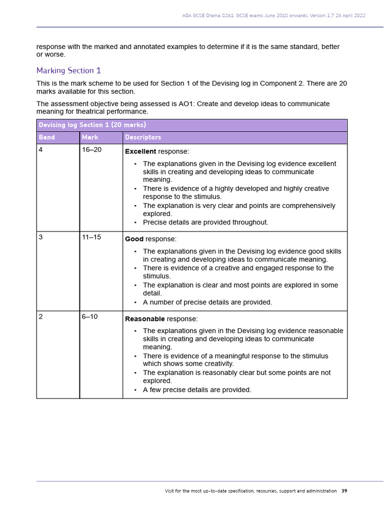 AQA GCSE Drama Devising Log Marking Guide | PDF | Evaluation | Cognition