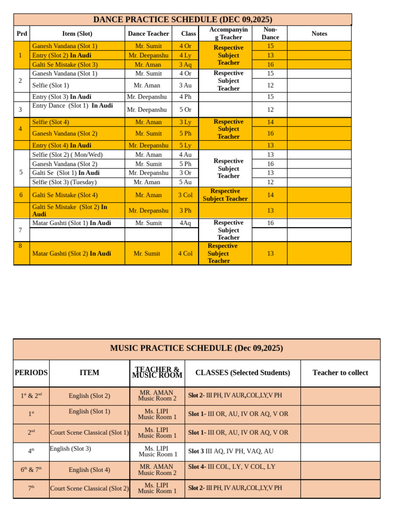 Dance and Music Practice Schedule | PDF