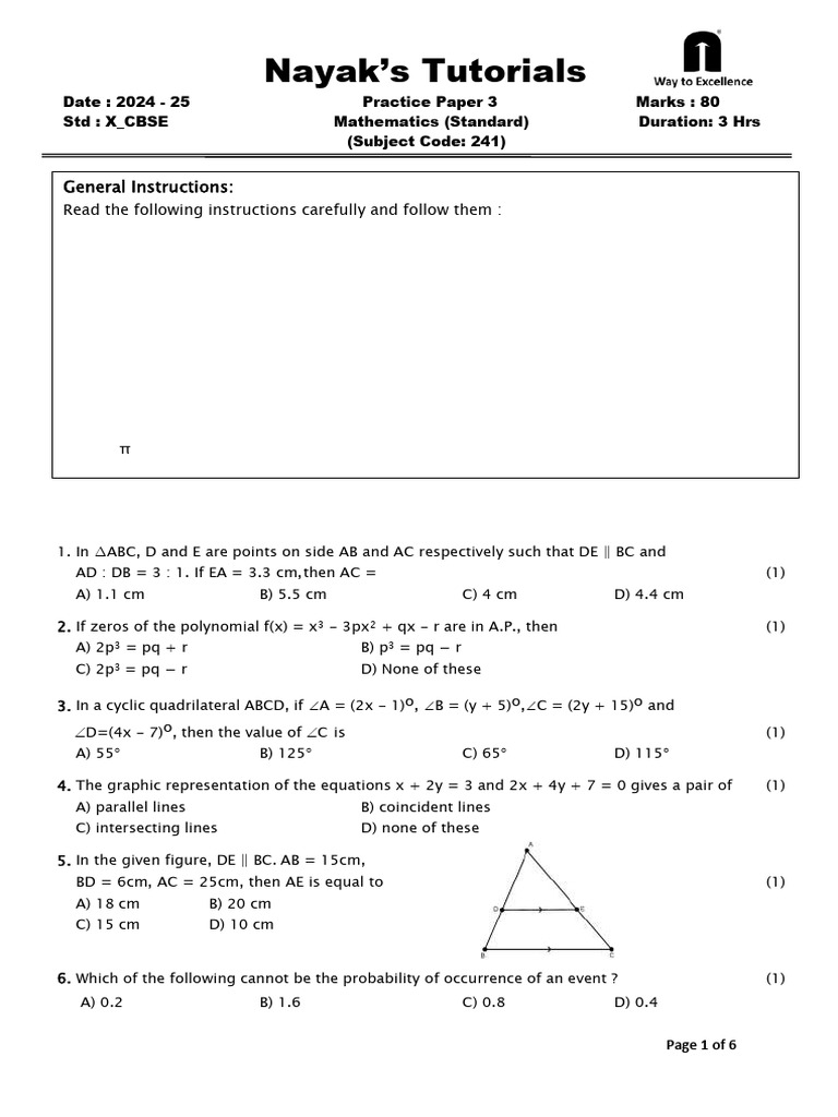 CBSE Class X Mathematics Practice Paper | PDF | Circle | Area