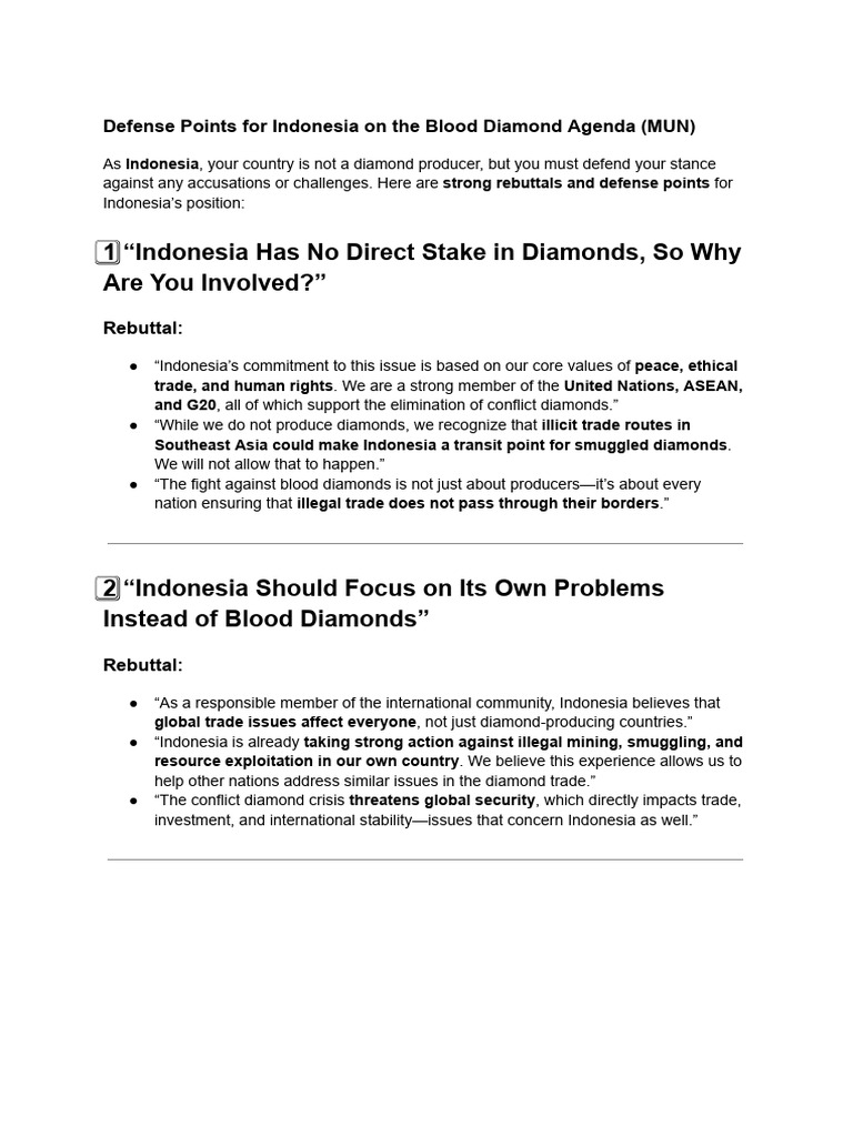 Defense Points For Indonesia On The Blood Diamond Agenda (MUN) | PDF ...