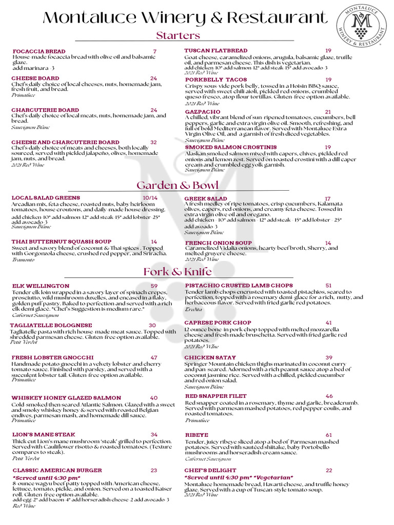 Montaluce Winery Menu Highlights | PDF | Pickling | Salad