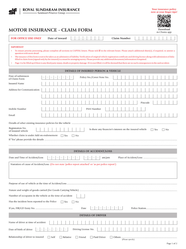 Motor Insurance Claim Form | PDF | Vehicle Insurance | Insurance