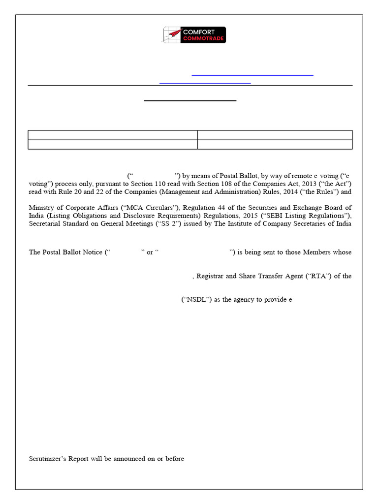 Comfort Commotrade Postal Ballot Notice | PDF | Login | Electronic Voting