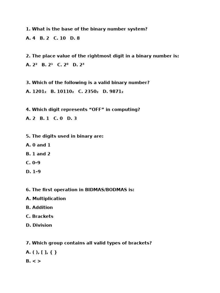 Binary Numbers and Proportions Quiz | PDF