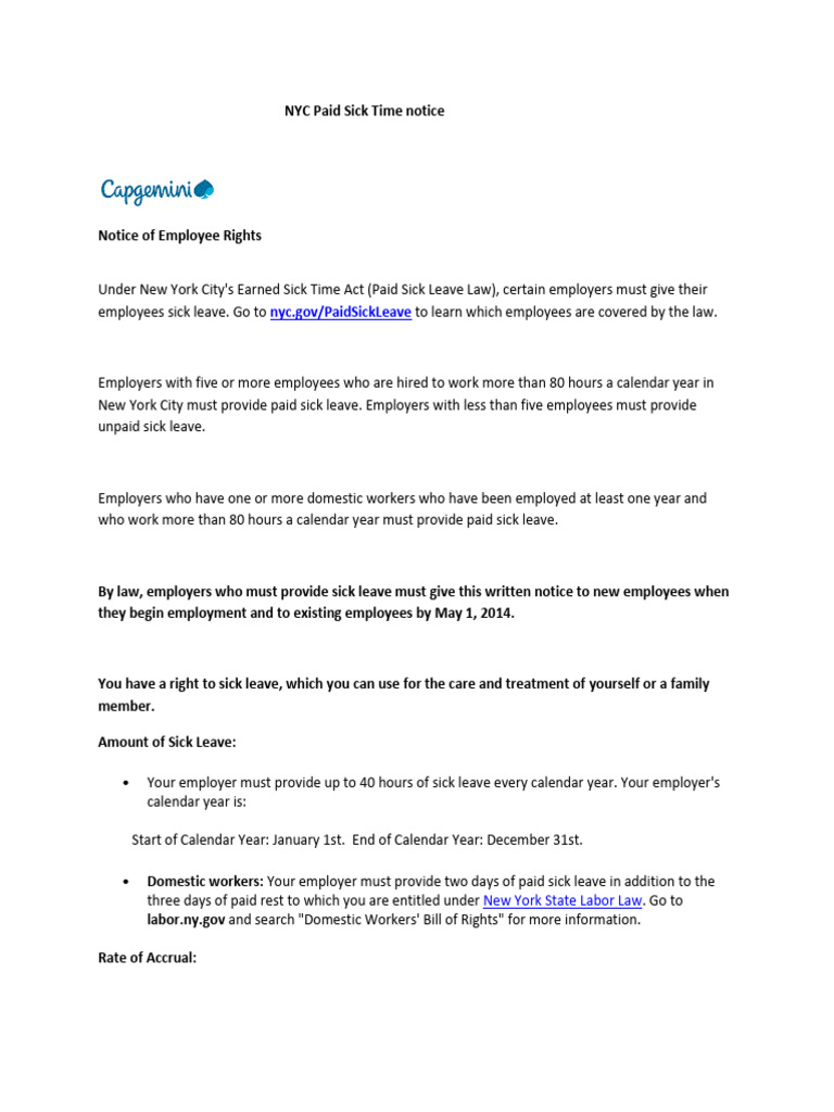 NYC Paid Sick Time Notice | PDF | Sick Leave | Employment