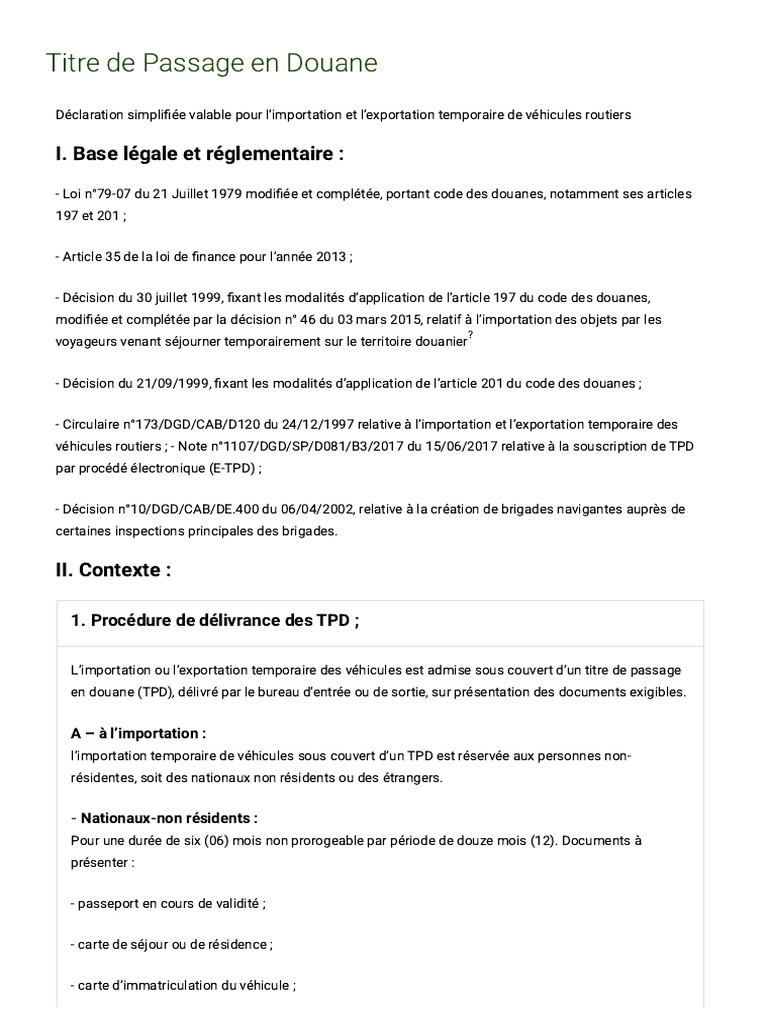 Passage en Douane des Véhicules TPD | PDF | Véhicules