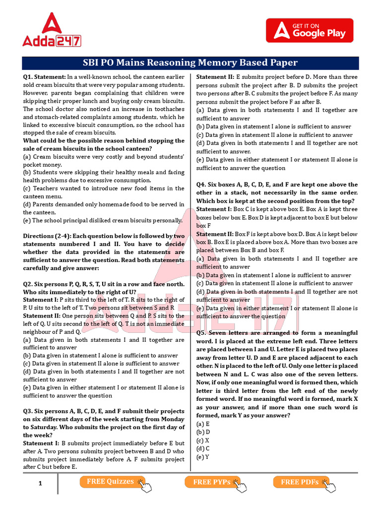 SBI PO Mains Reasoning Practice Paper | PDF