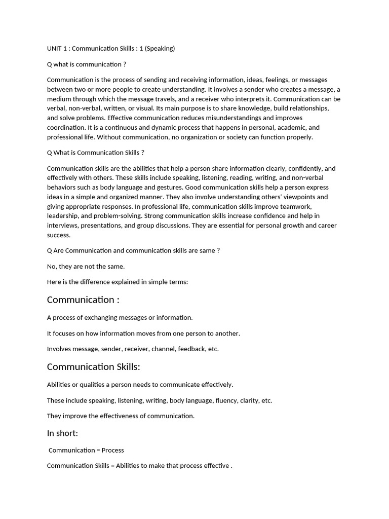 Unit 1 Communication Skills (Speaking) | PDF | Nonverbal Communication ...