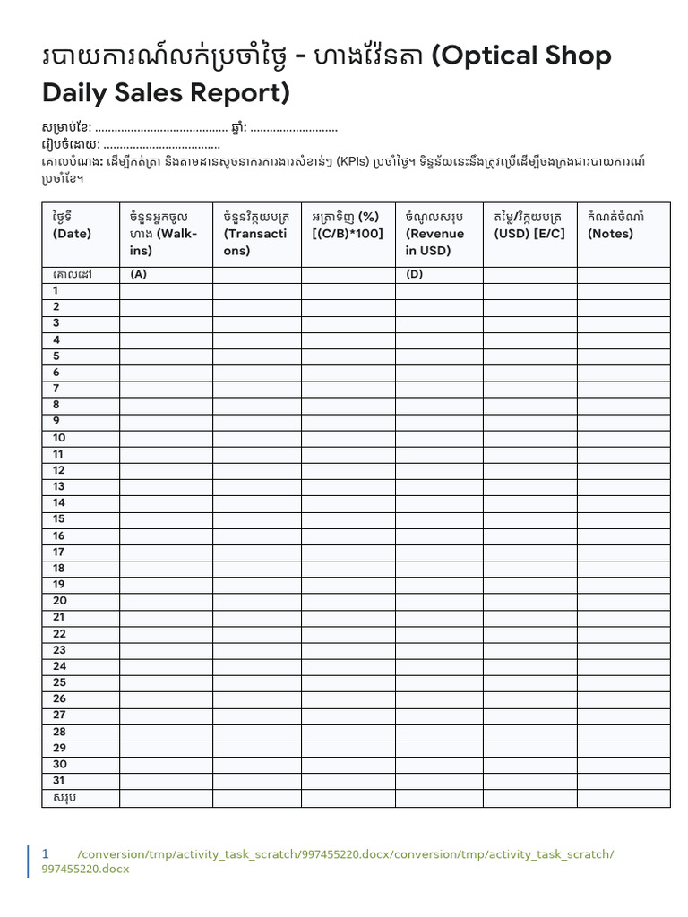 Optical Shop Daily Sales Report | PDF