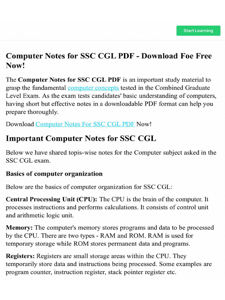 Computer Notes for SSC CGL PDF - Download Foe Free Now! | PDF