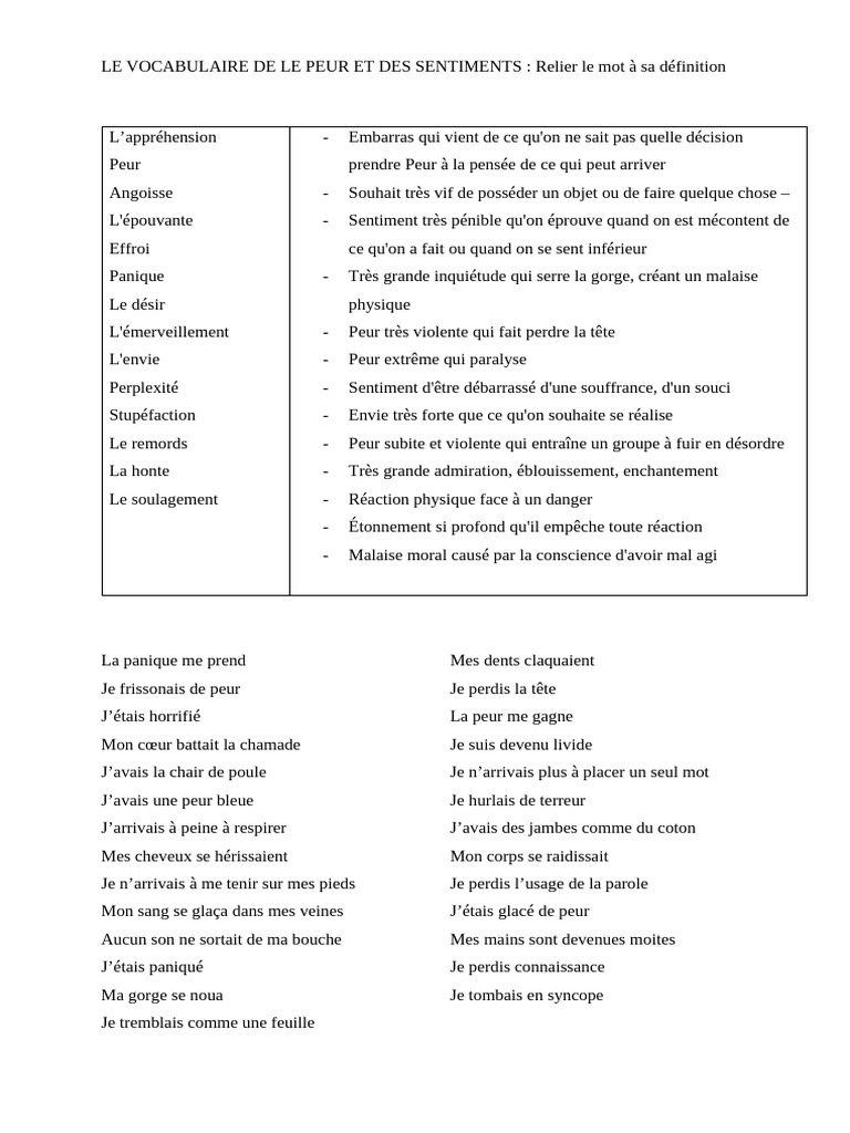 Vocabulaire des émotions et de la peur | PDF