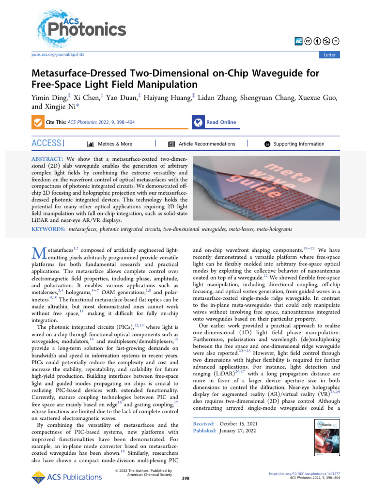 Metasurface Waveguide for 2D Light Control | PDF | Waveguide | Holography