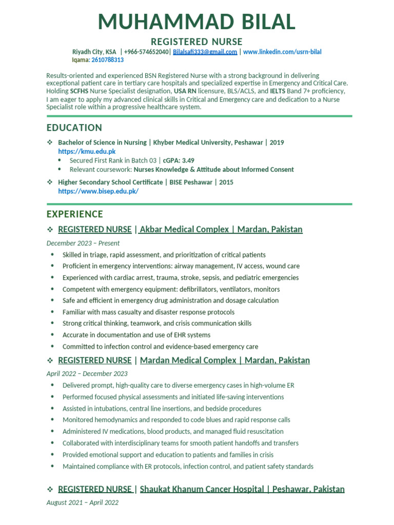 Experienced BSN Registered Nurse Resume | PDF | Emergency Department ...