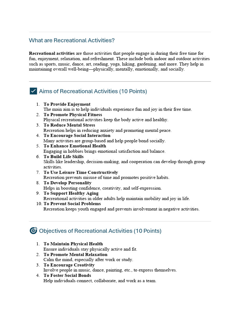 Benefits of Recreational Activities | PDF | Recreation | Relaxation ...