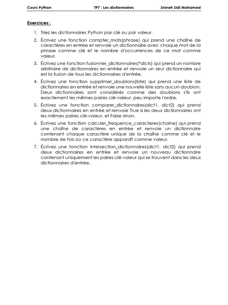 Exercices sur les dictionnaires Python | PDF