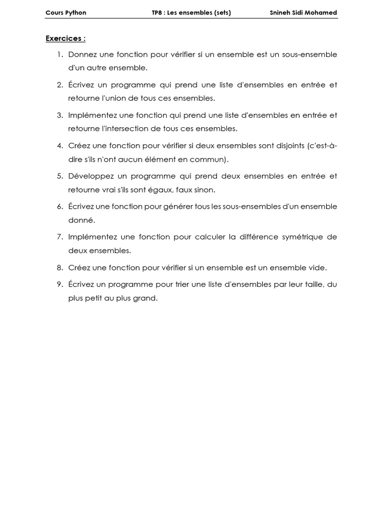Exercices Python sur les ensembles | PDF