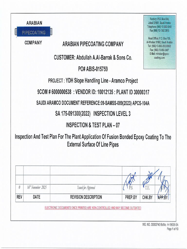 FBE Coating Inspection Plan for Line Pipe | PDF | Pipe (Fluid ...