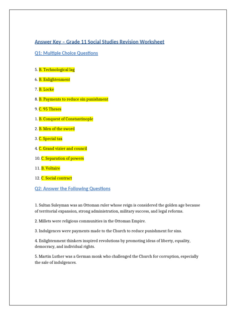 Grade 11 Social Studies Answer Key | PDF