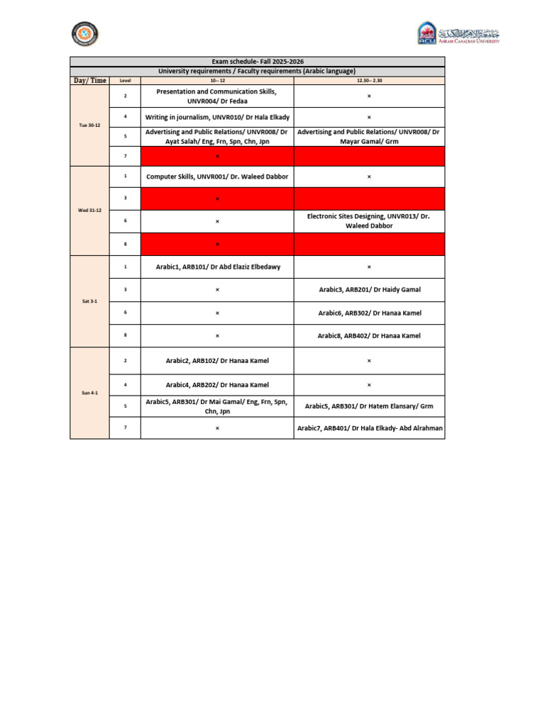 Fall 2025-2026 Exam Schedule | PDF