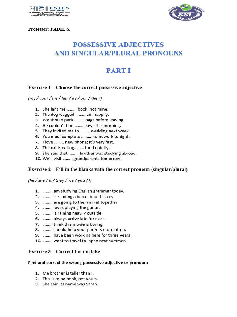 Exercise Possessive Adjectives and Singularplural Pronouns Students ...