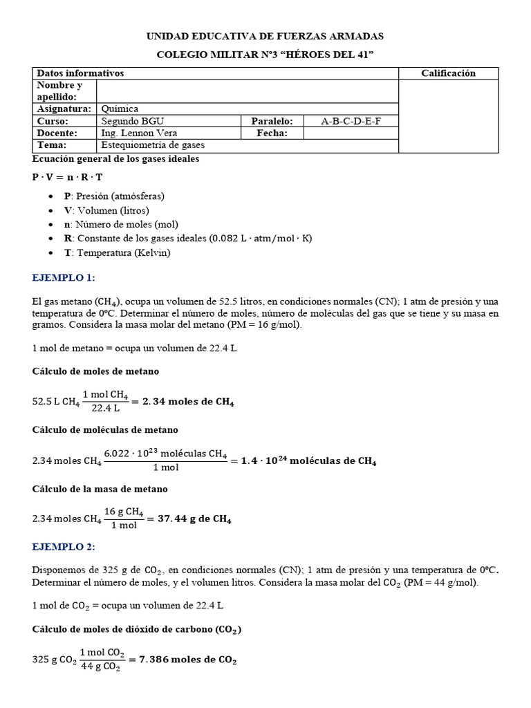 Estequiometría de Gases en Química | PDF | Mole (Unidad) | Gases