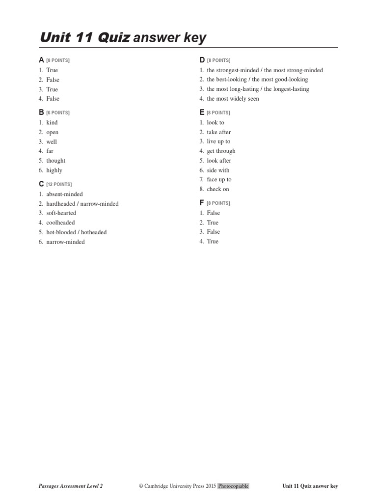 Unit 11 Quiz Answer Key | PDF