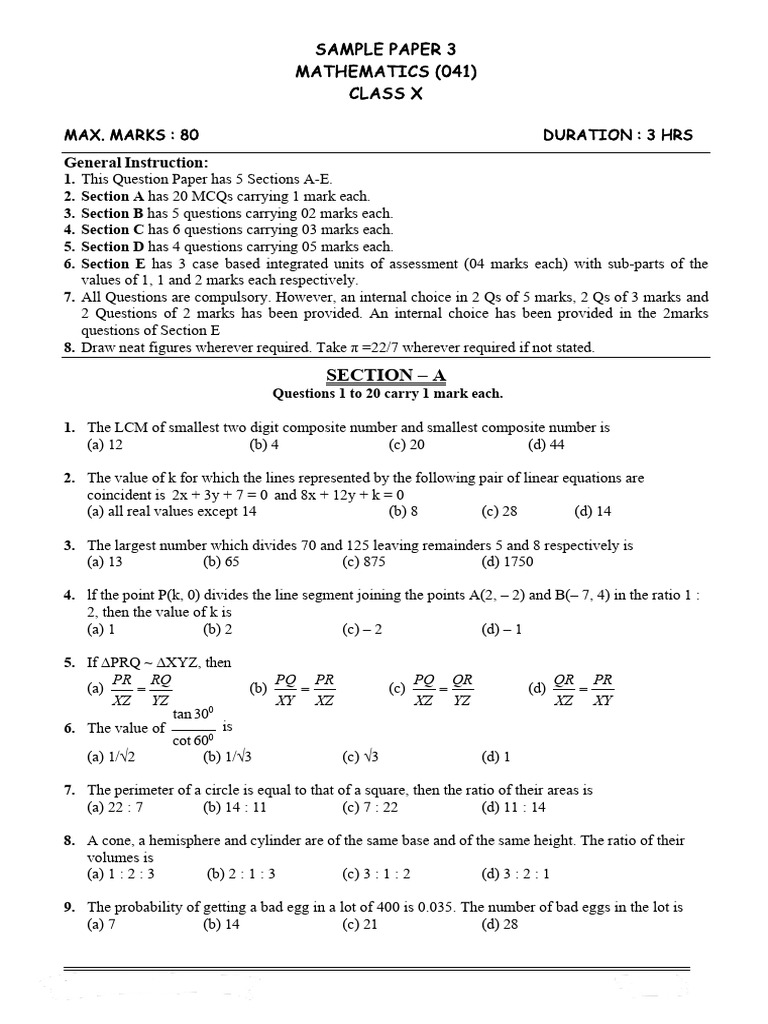 Class X Mathematics Sample Paper 3 | PDF | Circle | Area