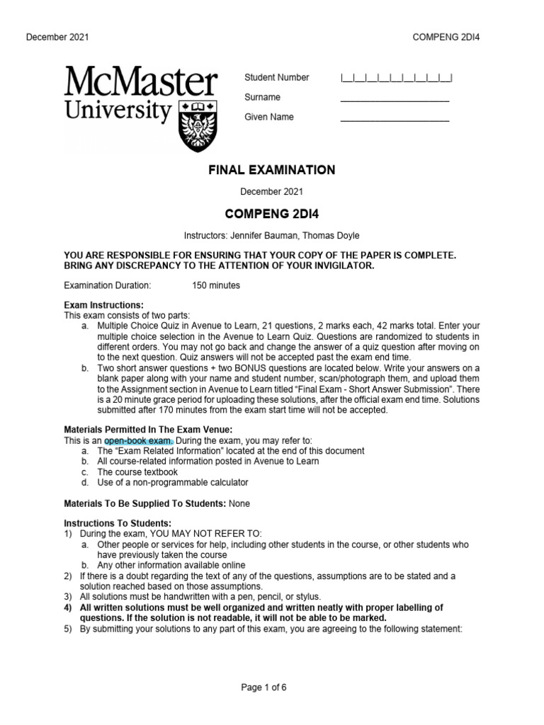 COMPENG 2DI4 Final Exam Instructions | PDF | Mathematical Logic