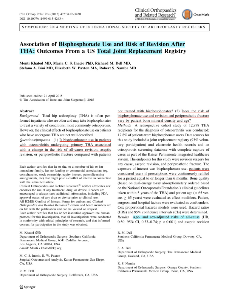 Bisphosphonate Impact on THA Revision Risk | PDF | Osteoporosis | Bone